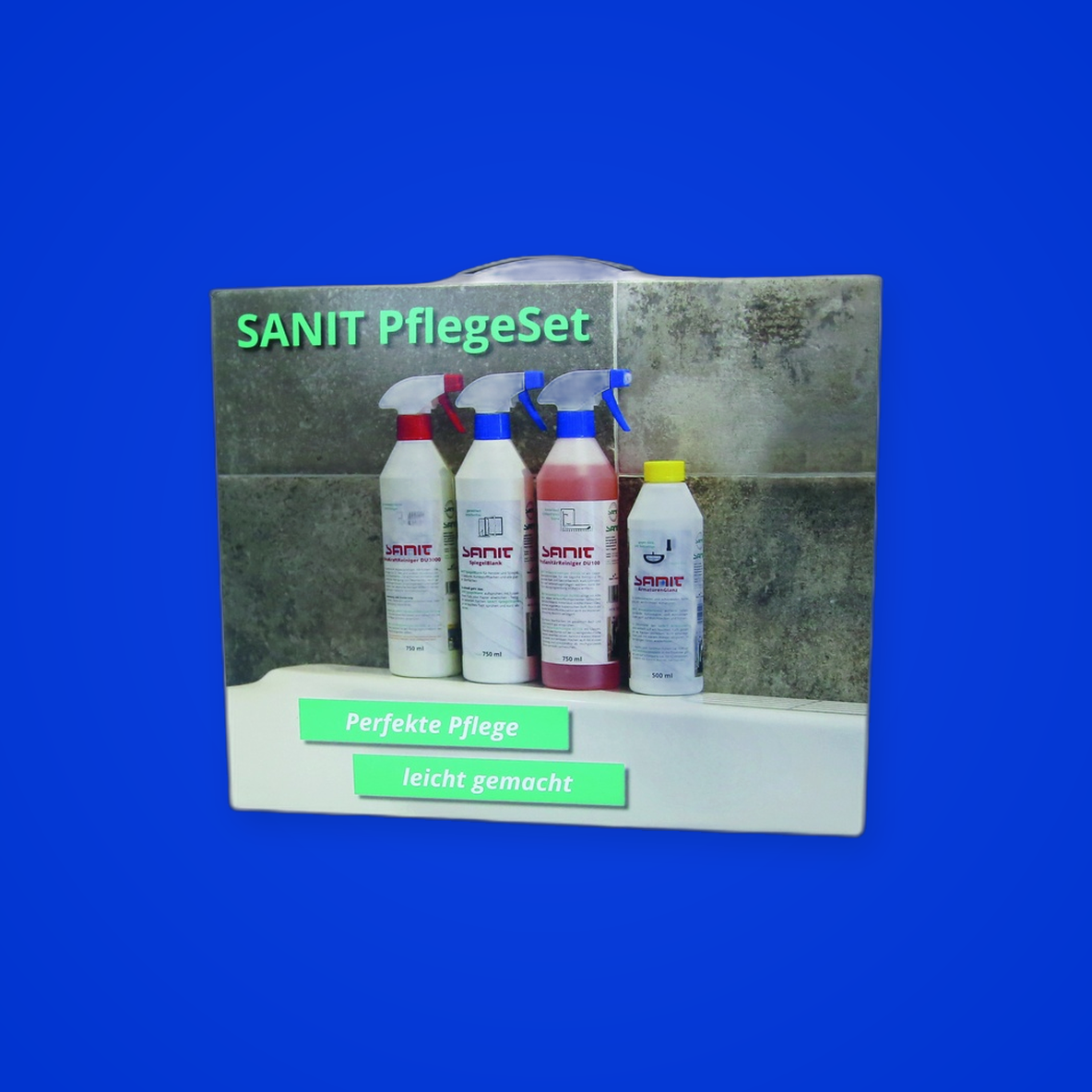 SANIT PflegeSet
bestehend aus:
1 Fl. SANIT ProSanitärReiniger DU100 750ml
1 Fl. SANIT SpiegelBlank 750 ml
1 Fl. SANIT Ar
