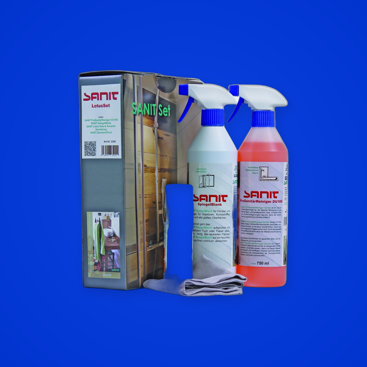 SANIT LotusSet
bestehend aus:
1 Fl. SANIT ProSanitärReiniger DU100 750ml
1 Fl. SANIT SpiegelBlank 750ml
1 Fl. SANIT Lotu
