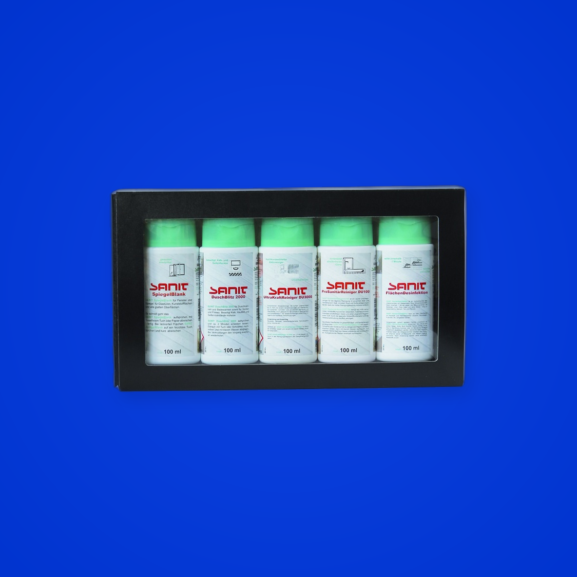 SANIT SanitärPflegeSet
bestehend aus:
1 Fl. SANIT ProSanitärReiniger DU100 100ml
1 Fl. SANIT UltraKraftReiniger DU3000 1