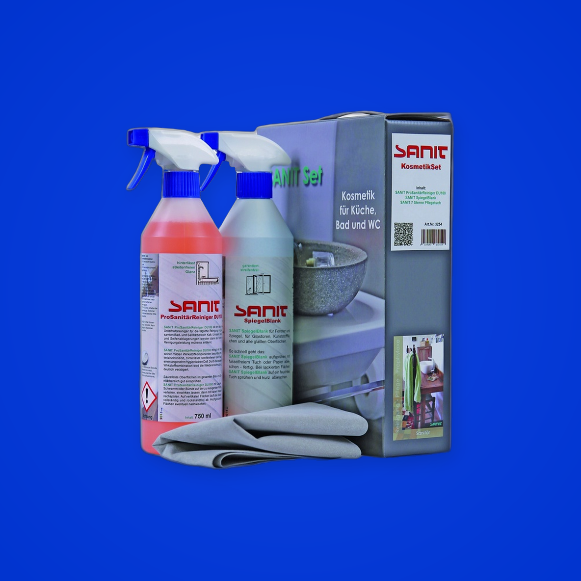 SANIT KosmetikSet
bestehend aus:
1 Fl. SANIT ProSanitärReiniger DU100 750ml
1 Fl. SANIT SpiegelBlank 750ml