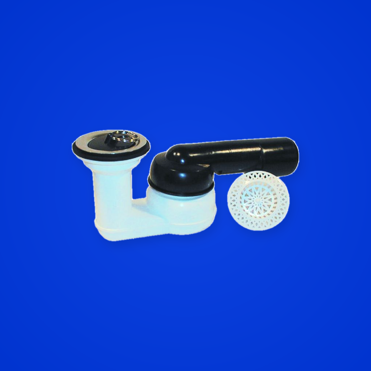 Brausetassensiphon DN40/50x6/4" waagrecht mit Kugelgelenk, Ventilteller 6/4", Haarfangsieb HL526 und Ventilstopfen (Hutterer & Lechner, Art.-Nr. HL514)