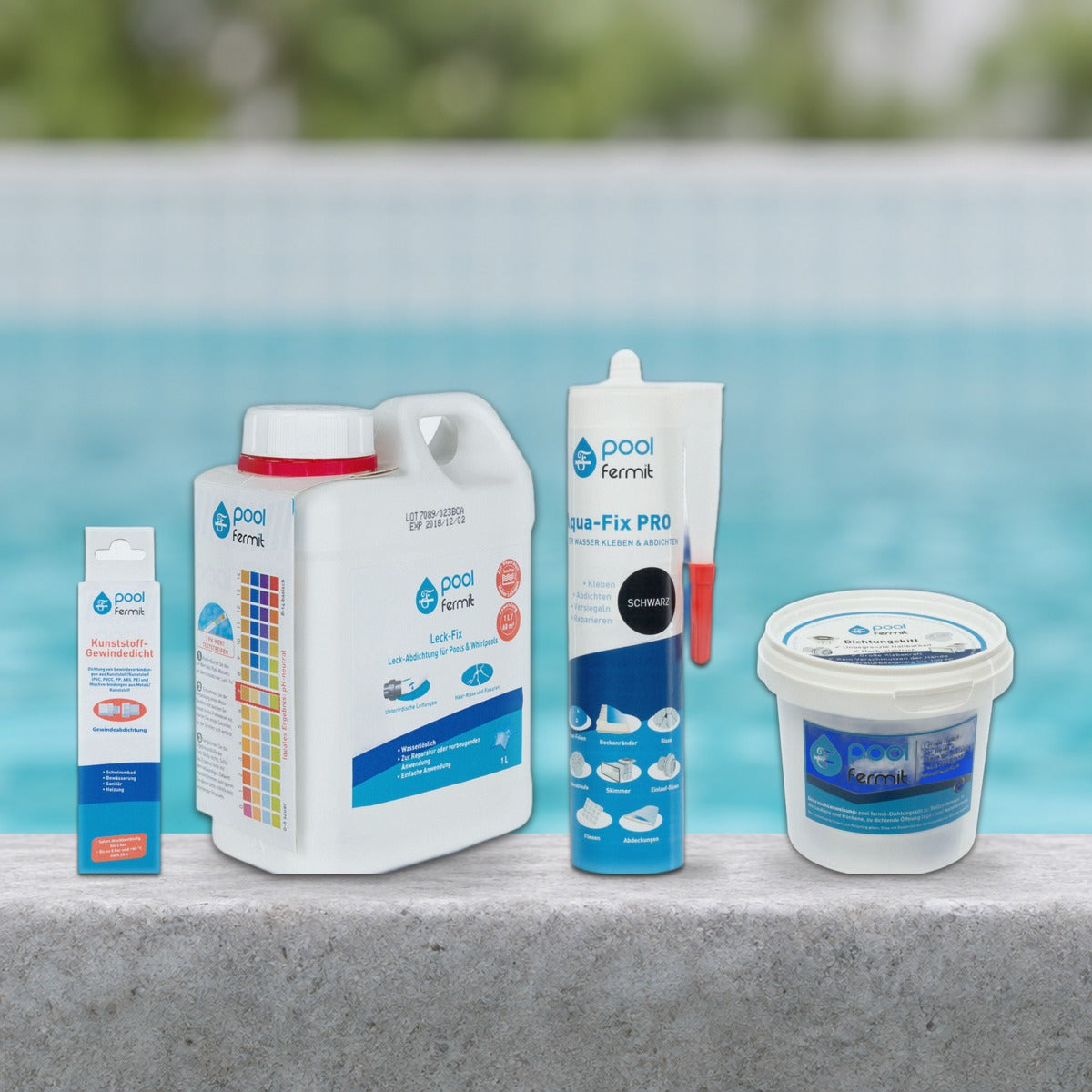 pool fermit Abdichtung und Reparatur: Kunststoff-Gewindedicht, Leck-Fix, Aqua-Fix PRO und Dichtungskitt am Beckenrand