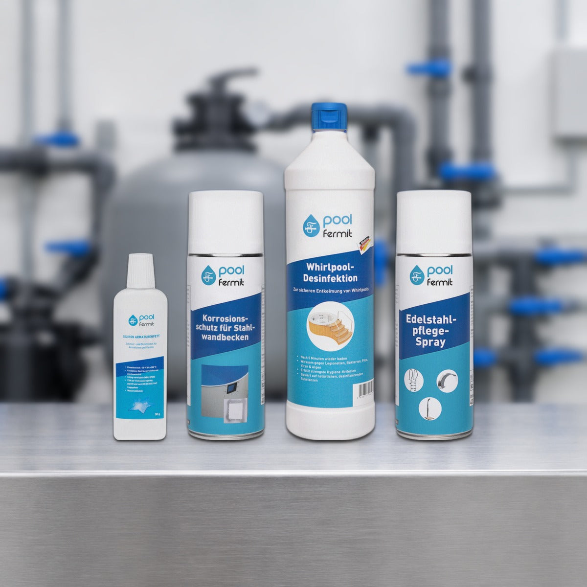 pool fermit Pflege, Reinigung und Schutz: Silikon-Armaturenfett, Korrosionsschutz, Whirlpool-Desinfektion und Edelstahlpflege-Spray im Technikraum